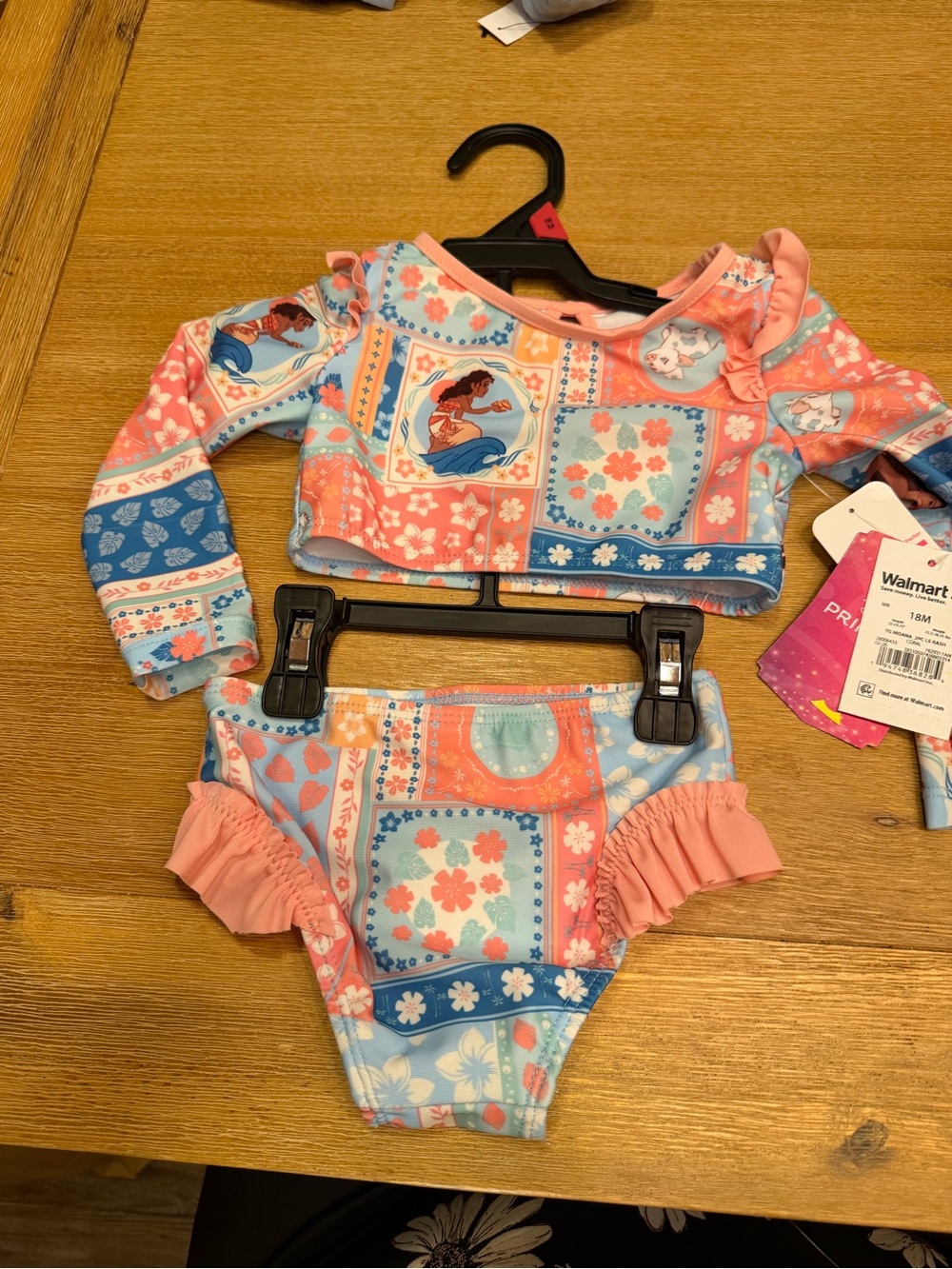 Disney  Girls Moana 2 Piece Rash Guard Set - Pink & Lt Blue Patchwork Swim 18 MO